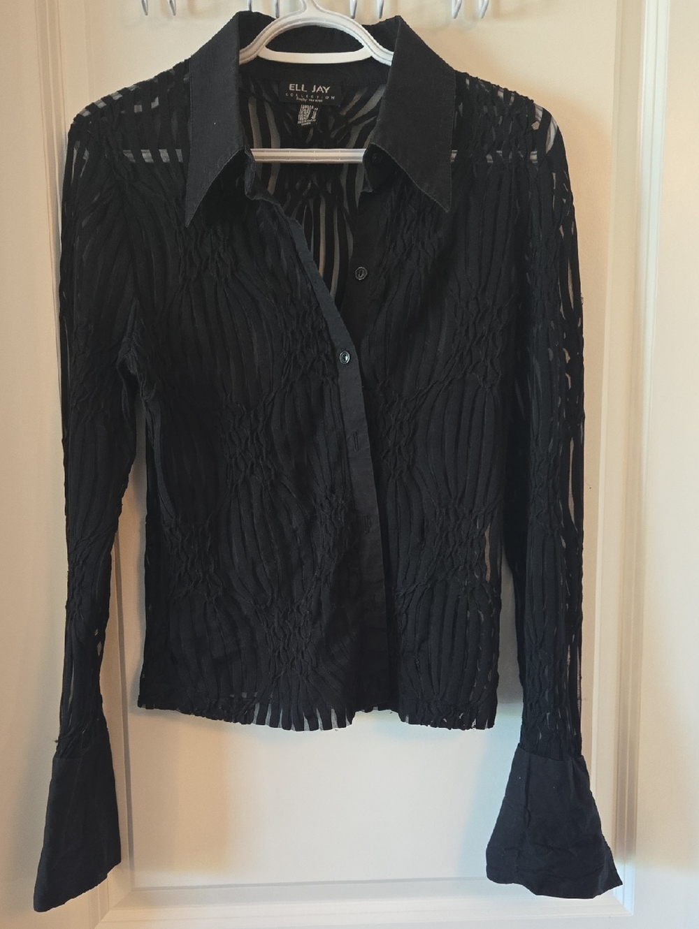 Ell JAY Collection Black Motif On Sheer Textured Black  Button-Front Blouse